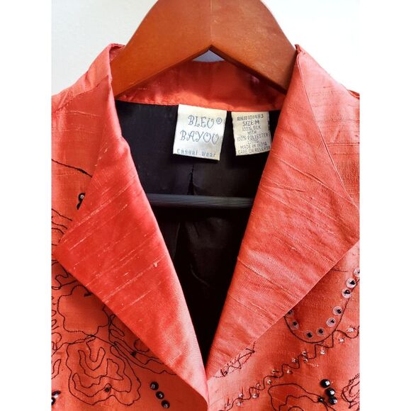 Bleu Bayou Jacket Open Blazer Silk Embroidered MED Art to Wear Coral/Red/Black - Picture 6 of 11